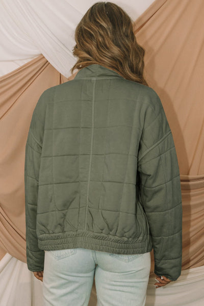 Women's Sage Green Quilted Zip-Up Jacket with Mock Neck