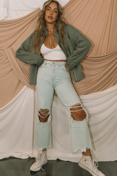Women's Sage Green Quilted Zip-Up Jacket with Mock Neck