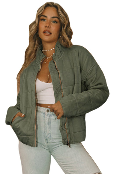Women's Sage Green Quilted Zip-Up Jacket with Mock Neck
