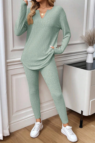 Women's Sage Green Ribbed Knit Lounge Set with Notched Neckline