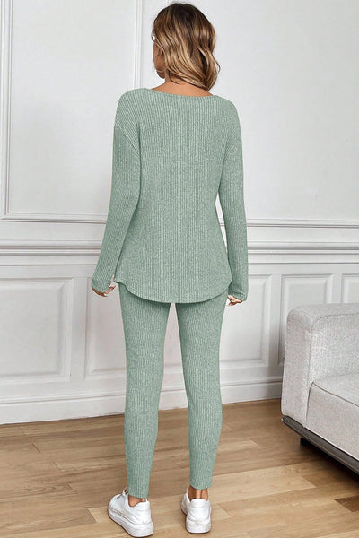 Women's Sage Green Ribbed Knit Lounge Set with Notched Neckline