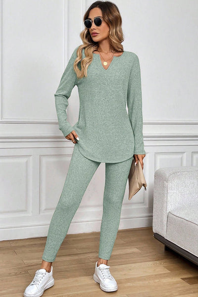 Women's Sage Green Ribbed Knit Lounge Set with Notched Neckline