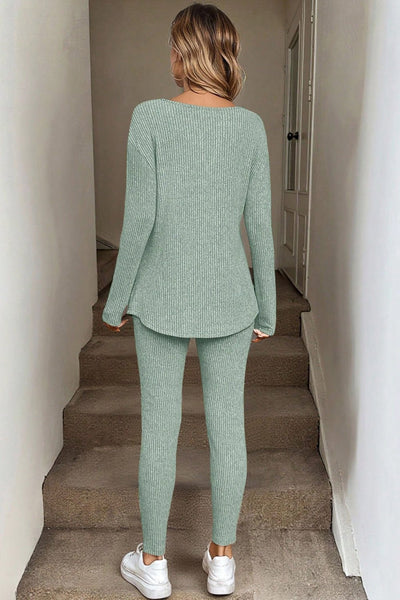 Women's Sage Green Ribbed Knit Lounge Set with Notched Neckline