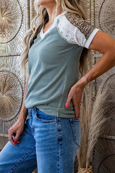 Women's Sage Green Ribbed V-Neck Tee with Leopard Lace Sleeves