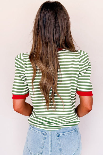 Women's Sage Green Striped Puff Sleeve Blouse with Contrast Trim