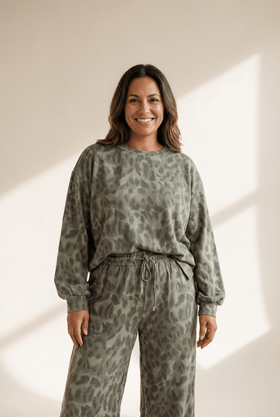 Women's Sage Leopard Print Two-Piece French Terry Pant Set