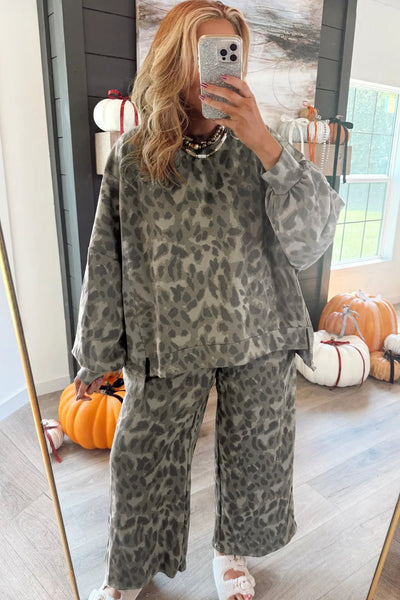 Women's Sage Leopard Print Two-Piece French Terry Pant Set