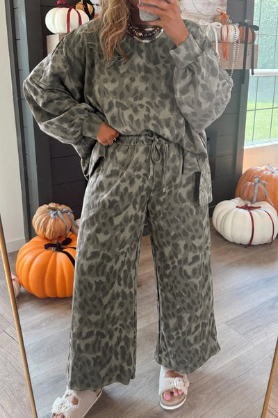 Women's Sage Leopard Print Two-Piece French Terry Pant Set