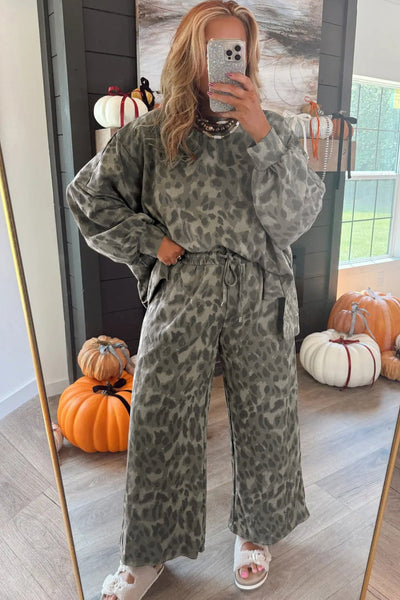 Women's Sage Leopard Print Two-Piece French Terry Pant Set
