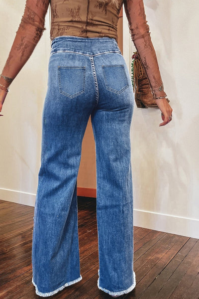 Women's Sail Blue High-Waisted Button Fly Flare Jeans