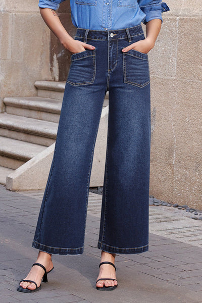 Women's Sail Blue High-Waisted Wide-Leg Jeans with Patch Pockets