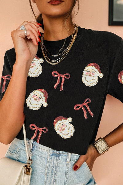 Women's Santa and Bow Sequin Patch Christmas Graphic Tee with practical styling and dependable silhouette control.
