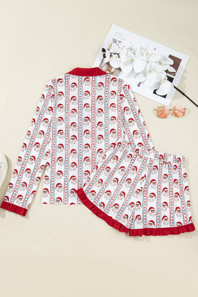 Women's Santa Print Ruffle Pajama Set with Notched Collar