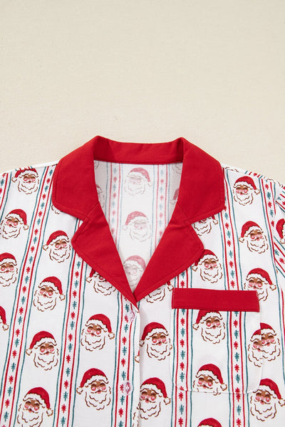 Women's Santa Print Ruffle Pajama Set with Notched Collar