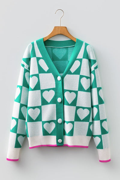 Women's Sea Green Heart Intarsia Checkerboard Knit Cardigan