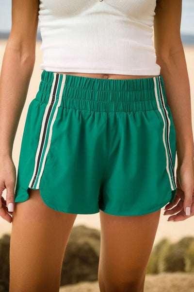 Women's Sea Green Varsity Stripe Athleisure Shorts with Smocked Waist