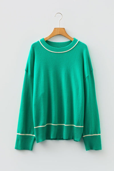 Women's Sea Green Viscose Blend Relaxed Knit Sweater with Trim