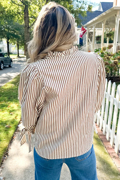 Women's Seersucker Striped Ruffle Blouse with Bow Cuffs