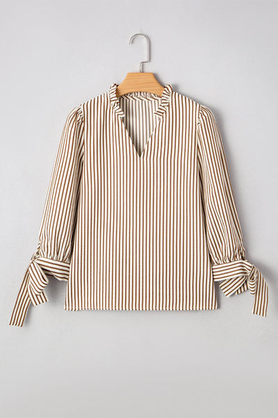 Women's Seersucker Striped Ruffle Blouse with Bow Cuffs