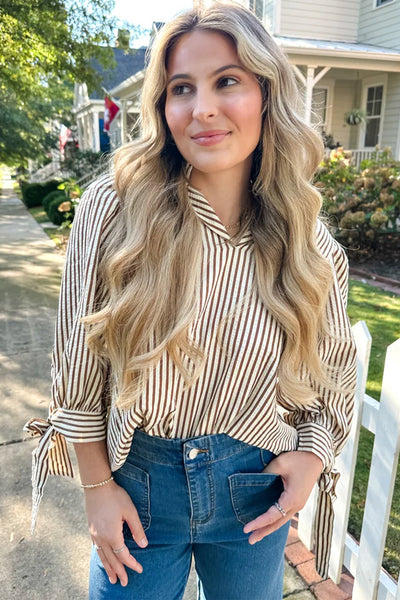 Women's Seersucker Striped Ruffle Blouse with Bow Cuffs