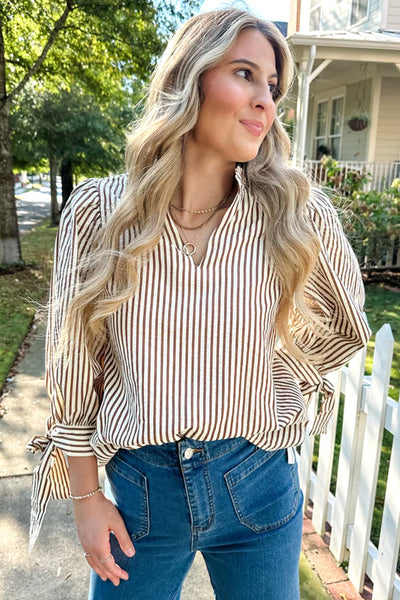 Women's Seersucker Striped Ruffle Blouse with Bow Cuffs