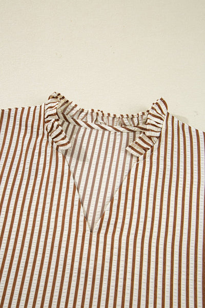 Women's Seersucker Striped Ruffle Blouse with Bow Cuffs