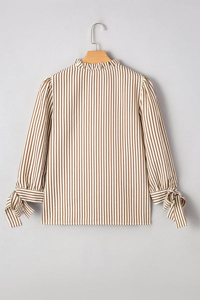 Women's Seersucker Striped Ruffle Blouse with Bow Cuffs