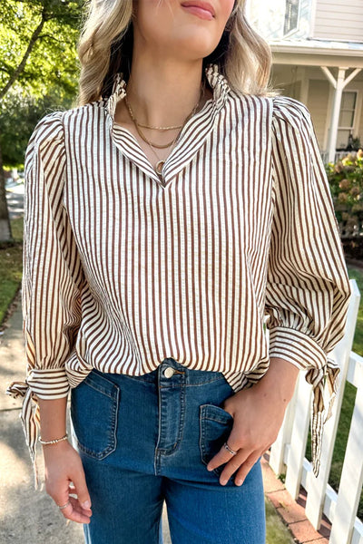 Women's Seersucker Striped Ruffle Blouse with Bow Cuffs