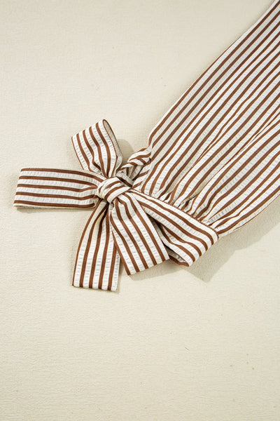 Women's Seersucker Striped Ruffle Blouse with Bow Cuffs