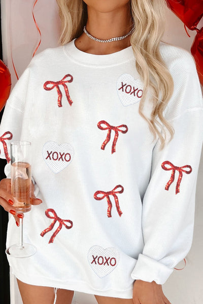 Women's Sequin Bow and XOXO Heart Ribbed Sweatshirt