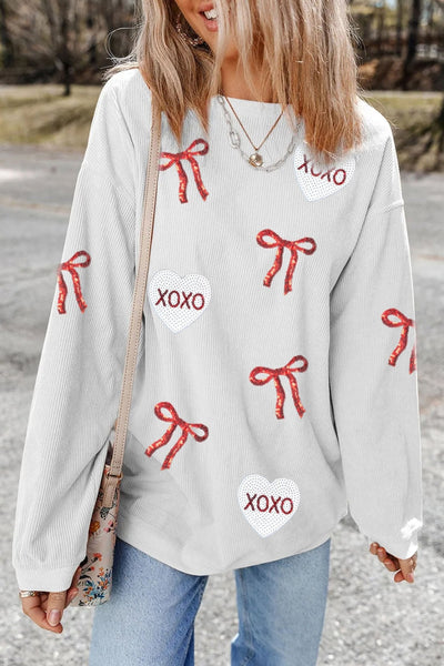 Women's Sequin Bow and XOXO Heart Ribbed Sweatshirt