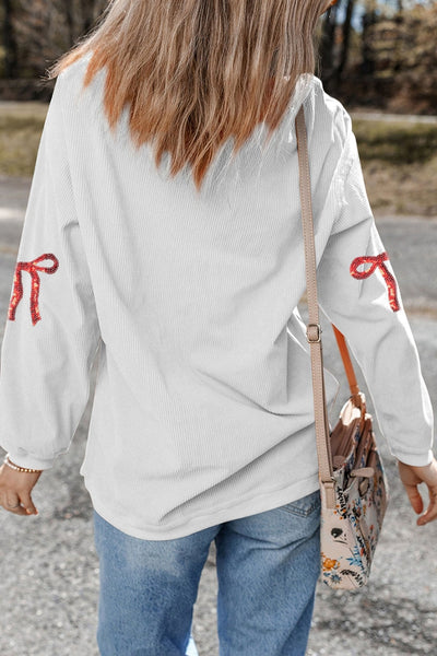 Women's Sequin Bow and XOXO Heart Ribbed Sweatshirt