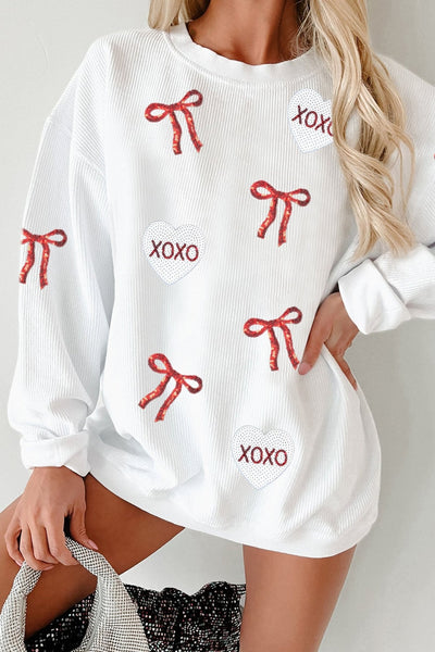 Women's Sequin Bow and XOXO Heart Ribbed Sweatshirt