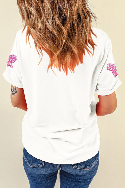 Women's Sequin Bow Patch Cotton Blend Graphic Tee in White