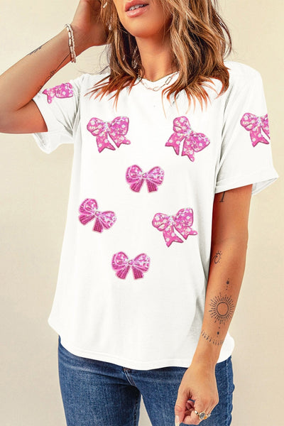 Women's Sequin Bow Patch Cotton Blend Graphic Tee in White