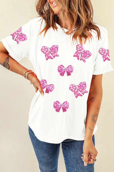 Women's Sequin Bow Patch Cotton Blend Graphic Tee in White