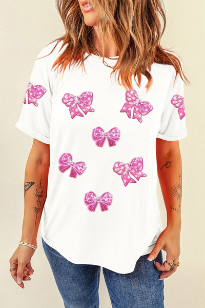Women's Sequin Bow Patch Cotton Blend Graphic Tee in White
