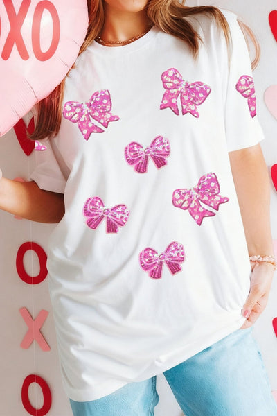 Women's Sequin Bow Patch Cotton Blend Graphic Tee in White