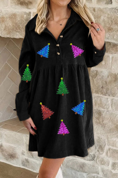 Women's Sequin Christmas Tree Corduroy Babydoll Mini Dress