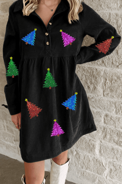 Women's Sequin Christmas Tree Corduroy Babydoll Mini Dress