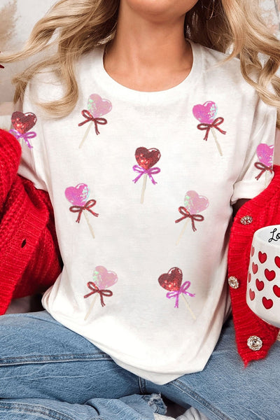 Women's Sequin Heart Lollipop Graphic Tee in Soft White
