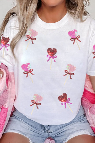 Women's Sequin Heart Lollipop Graphic Tee in Soft White