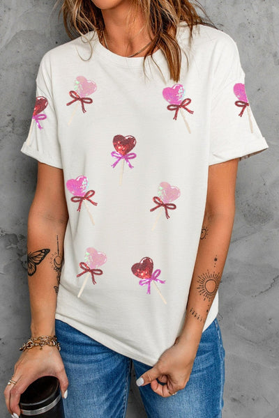 Women's Sequin Heart Lollipop Graphic Tee in Soft White