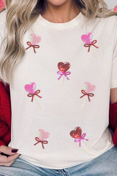Women's Sequin Heart Lollipop Graphic Tee in Soft White