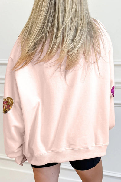 Women's Sequin Heart Mock Neck Sweatshirt in Apricot Pink