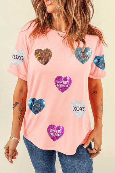 Women's Sequin Heart Relaxed Cotton Blend Crew Neck Tee