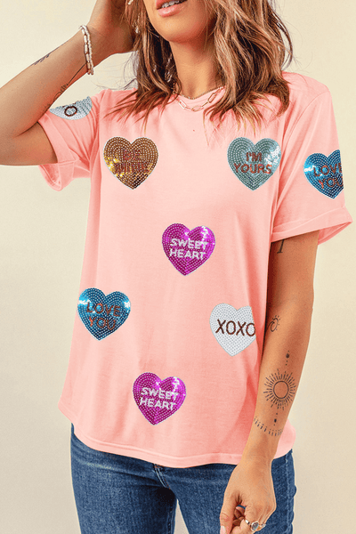 Women's Sequin Heart Relaxed Cotton Blend Crew Neck Tee