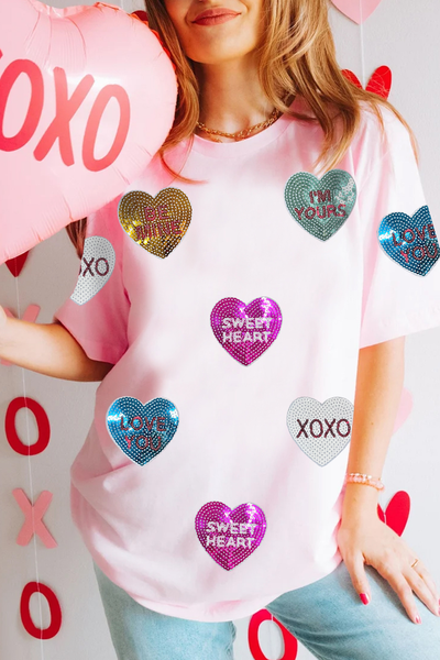 Women's Sequin Heart Relaxed Cotton Blend Crew Neck Tee