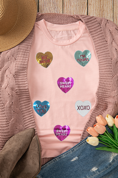 Women's Sequin Heart Relaxed Cotton Blend Crew Neck Tee
