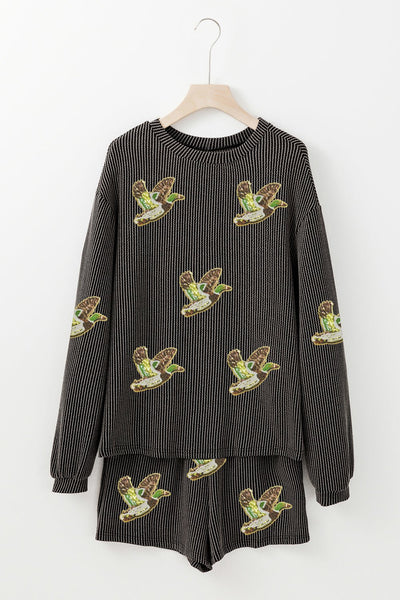 Women's Sequin Mallard Ribbed Knit Two-Piece Set in Carbon Grey